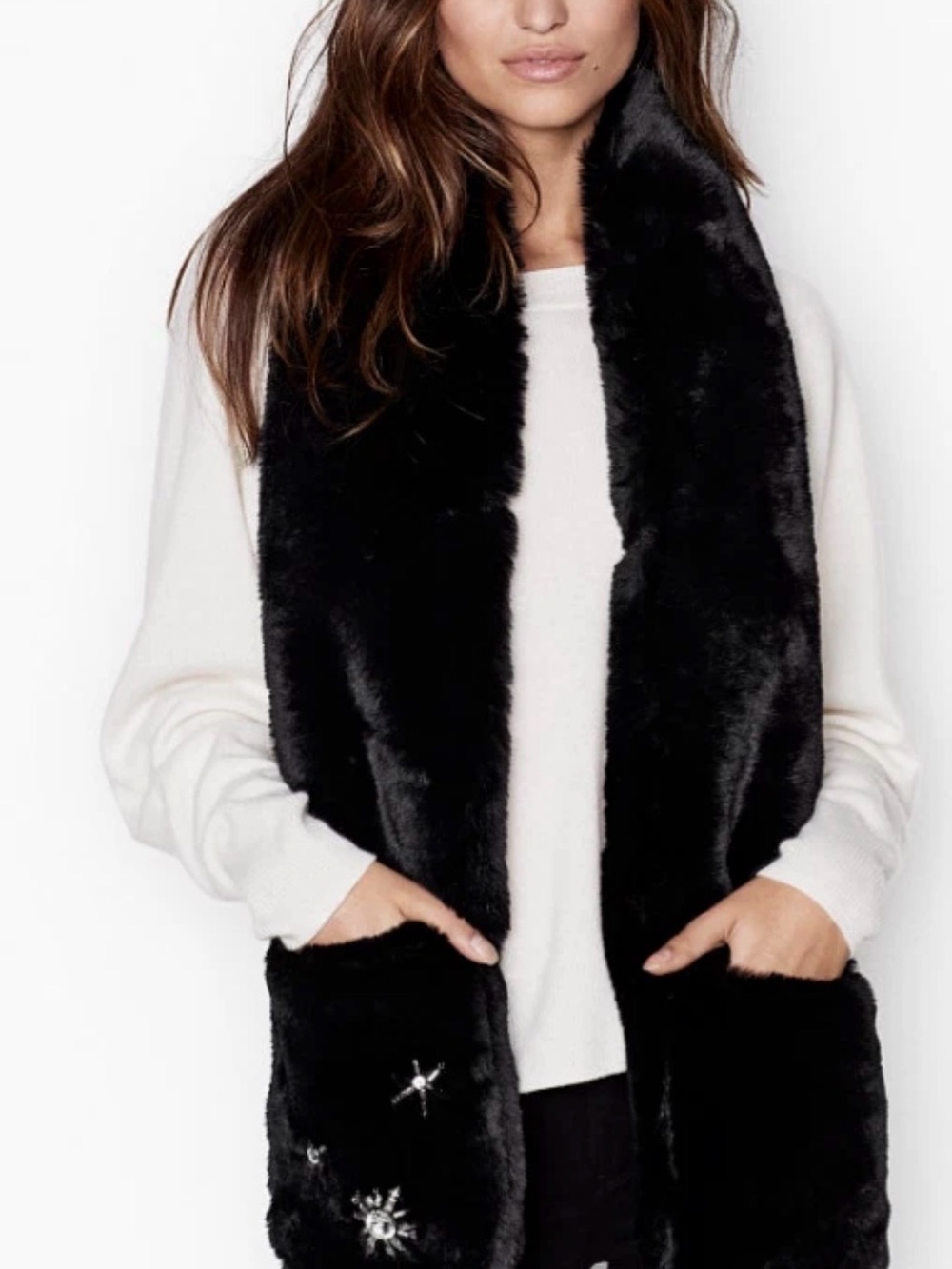 Victoria's Secret Black Faux Fur Scarf with Pocket Snowflakes design